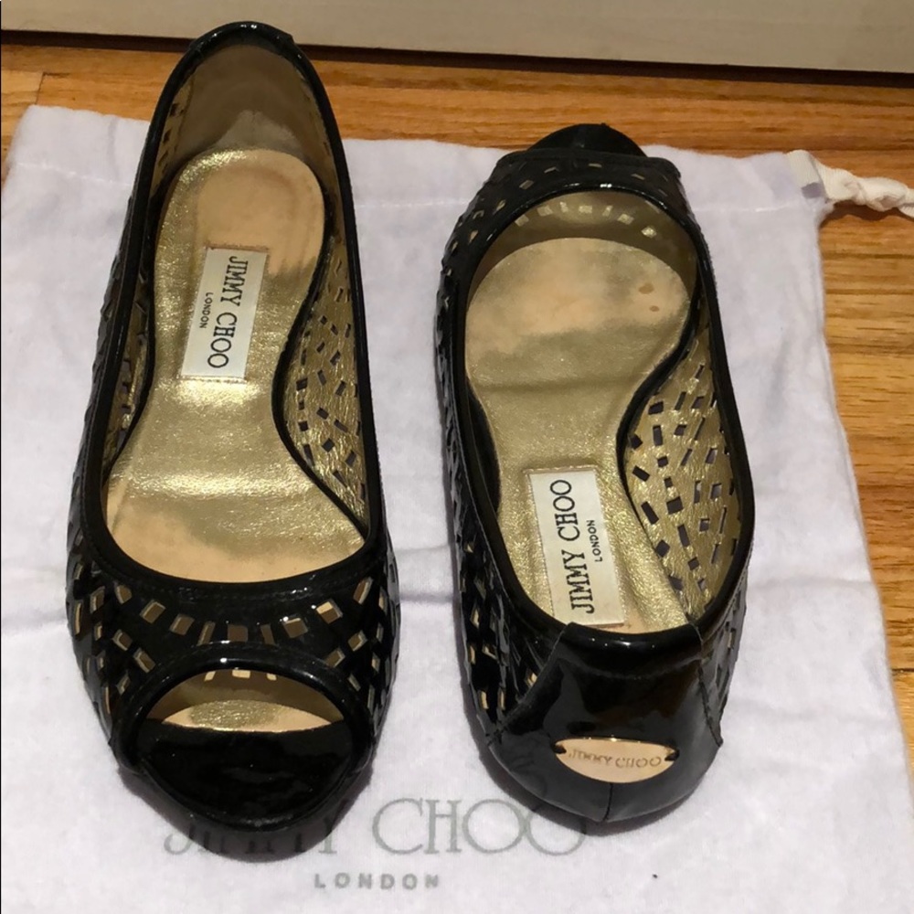 Jimmy Choo black patent laser cutout flats 38/8